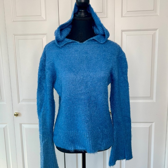 Kenzie Blue Fuzzy Mohair-Like Sweater with Hood Size L - Picture 3 of 8